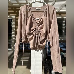 O. Vianca American Threads Women's Tan Ruched Top With Cardigan Two Piece Set